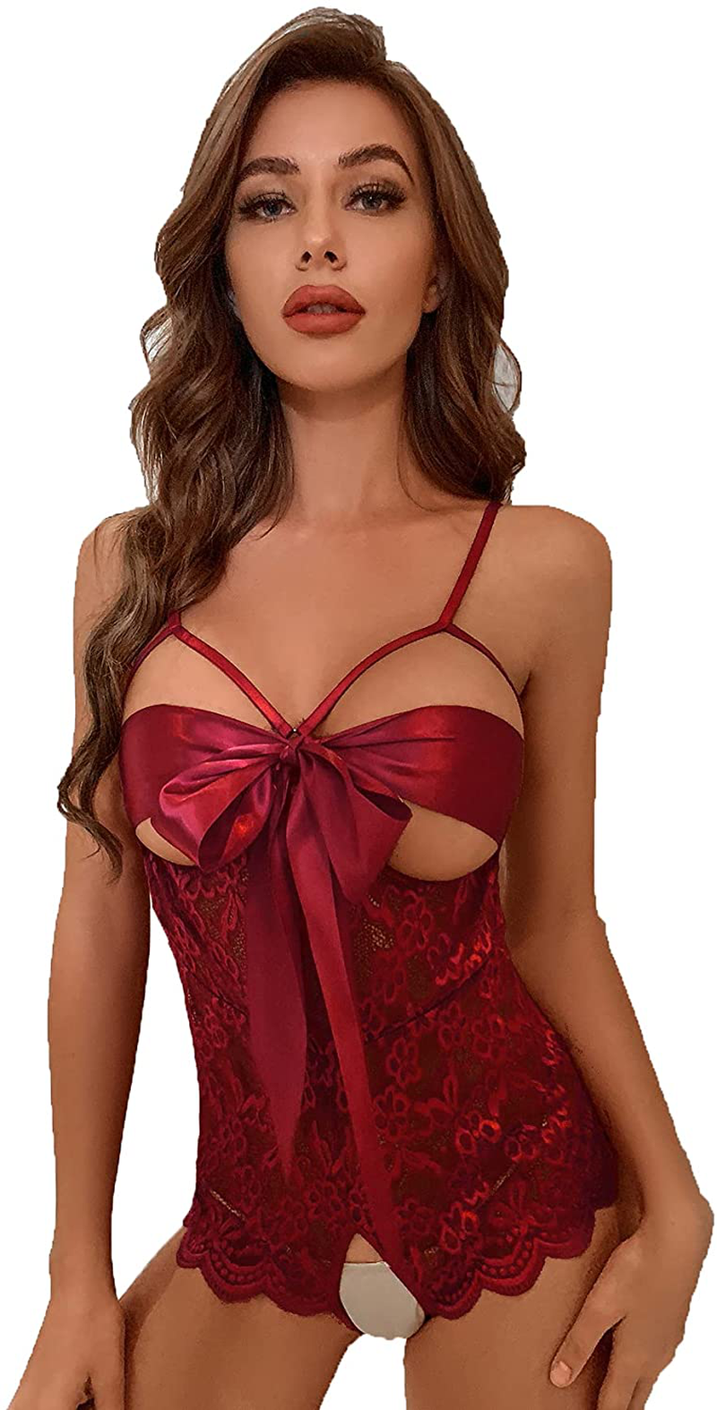 Romwe Women's Self Knot Front Teddy Lingerie One Piece Floral Lace Bodysuit Babydoll Apparel & Accessories > Clothing > Underwear & Socks > Lingerie ROMWE Burgundy X-Small 