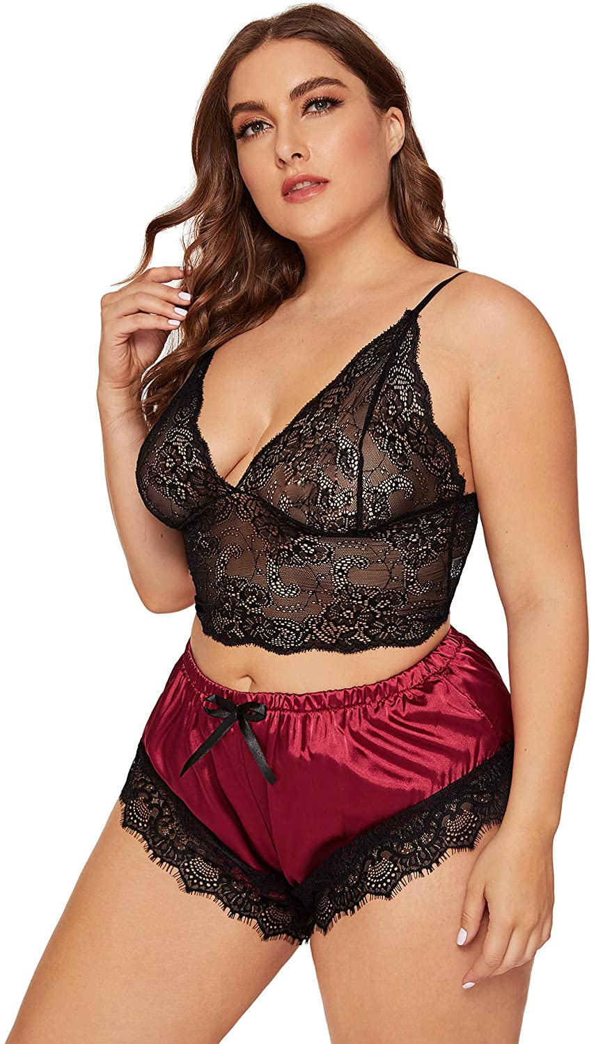 SOLY HUX Women'S plus Size Spaghetti Strap Lace Trim Bralette and Shorts Sleepwear Pajama Lingerie Set Apparel & Accessories > Clothing > Underwear & Socks > Lingerie KYLIE MAX   