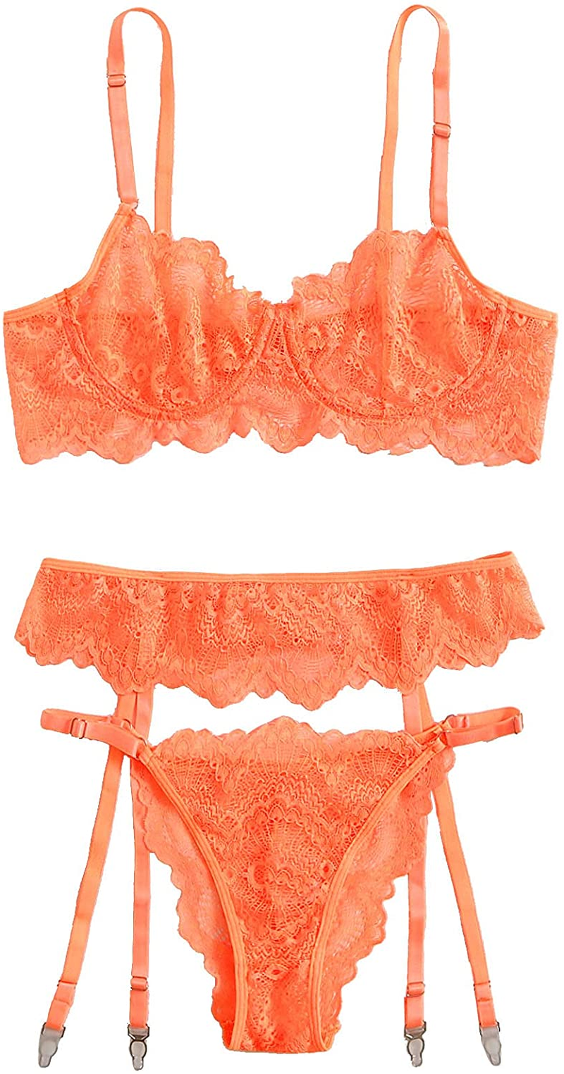 Shein Women'S 3 Piece Floral Lace Lingerie Set with Garter Belts Sexy Bra and Panty Apparel & Accessories > Clothing > Underwear & Socks > Lingerie SheIn Coral Orange Small 