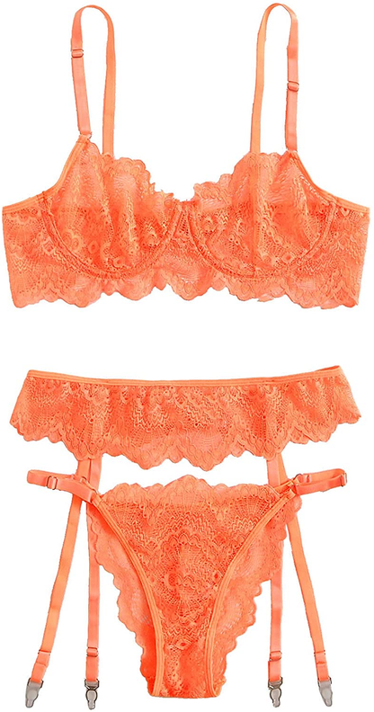 Shein Women'S 3 Piece Floral Lace Lingerie Set with Garter Belts Sexy Bra and Panty Apparel & Accessories > Clothing > Underwear & Socks > Lingerie SheIn Coral Orange Small 