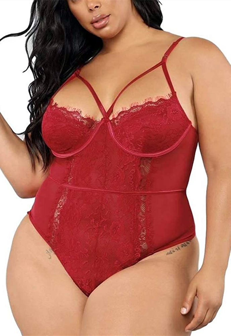 Plus Size Lingerie for Women Sexy Eyelash Lace Bodysuit Naughty Mesh One Piece Teddy Outfits Apparel & Accessories > Clothing > Underwear & Socks > Lingerie Ella Lust Wine X-Large 