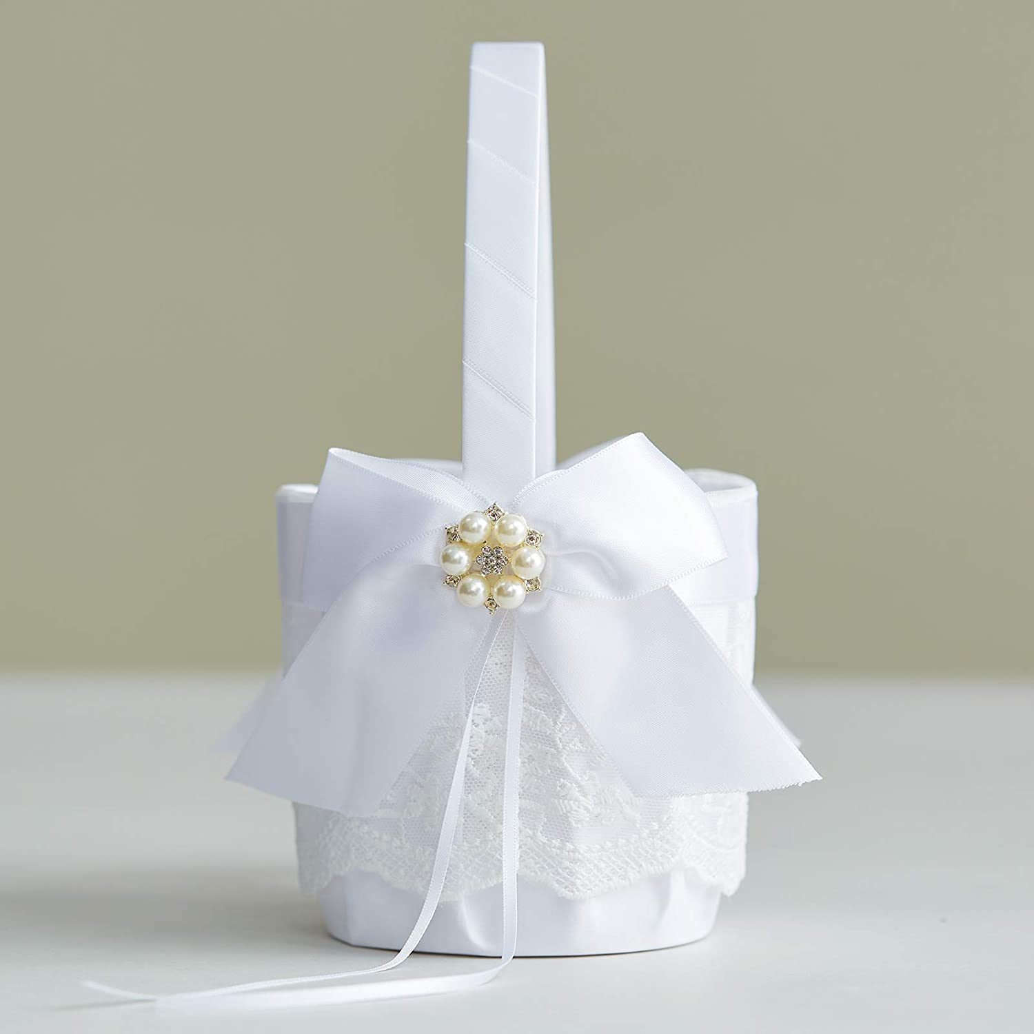 ATAILOVE Wedding Flower Girl Basket and Ring Bearer Pillow Set, Satin Bow Lace Rhinestone Collection (White) Apparel & Accessories > Clothing > Underwear & Socks > Lingerie ATAILOVE   