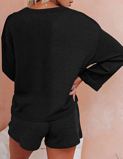 MEROKEETY Women's Long Sleeve Pajama Set Henley Knit Tops and Shorts Sleepwear Loungewear Apparel & Accessories > Clothing > Sleepwear & Loungewear > Pajamas MEROKEETY   