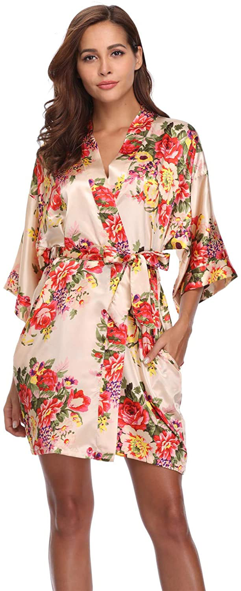 Women'S Floral Satin Kimono Robes Short Bridesmaid Robes for Wedding Party Apparel & Accessories > Clothing > Sleepwear & Loungewear > Robes Super Shopping-zone Champagne With Pockets Medium 