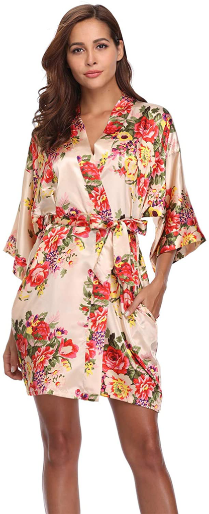 Women'S Floral Satin Kimono Robes Short Bridesmaid Robes for Wedding Party Apparel & Accessories > Clothing > Sleepwear & Loungewear > Robes Super Shopping-zone Champagne With Pockets Medium 