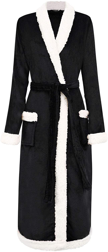 Burklett Luxury Sherpa Trim Fleece Long Bath Robe with Pocket Apparel & Accessories > Clothing > Sleepwear & Loungewear > Robes Kylie Max   