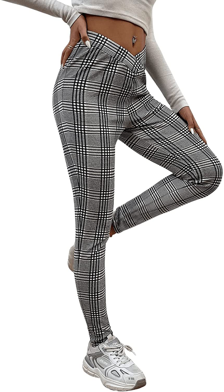 SweatyRocks Women's Casual Skinny Leggings Stretchy High Waisted Work Pants Apparel & Accessories > Clothing > Activewear SweatyRocks Tartan Black White X-Small 