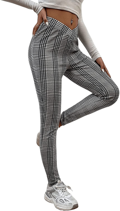 SweatyRocks Women's Casual Skinny Leggings Stretchy High Waisted Work Pants Apparel & Accessories > Clothing > Activewear SweatyRocks Tartan Black White X-Small 