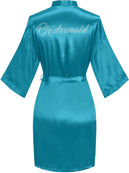 Sunshinemall Women'S Satin Kimono Robes with Rhinestones Bride Bridesmaid Short Sleepwear Wedding Dressing Gown Apparel & Accessories > Clothing > Sleepwear & Loungewear > Robes sunshinemall Bridesmaid-teal Small-Medium 
