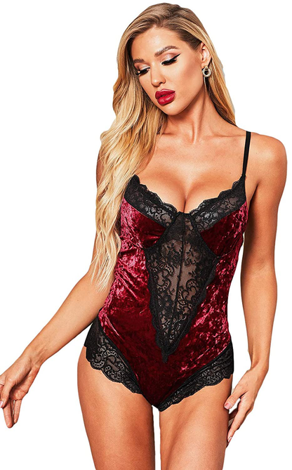 lime flare Sexy One Piece Teddies Lingerie Eyelash Lace Trim Bodysuit Apparel & Accessories > Clothing > Underwear & Socks > Lingerie lime flare B#burgundy Velvet Lace Medium 