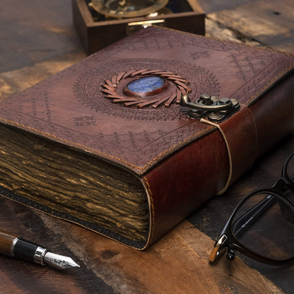 Large Leather Journal with Semi Precious Stone - Lock Closure, 240 pages Antique Deckle Edge Paper - Book of Shadows, Grimoire Journal, Witch Journal for Men and Women - 11.5" x 8.25" Arts & Entertainment > Party & Celebration > Gift Giving NomadCraftsCo.   
