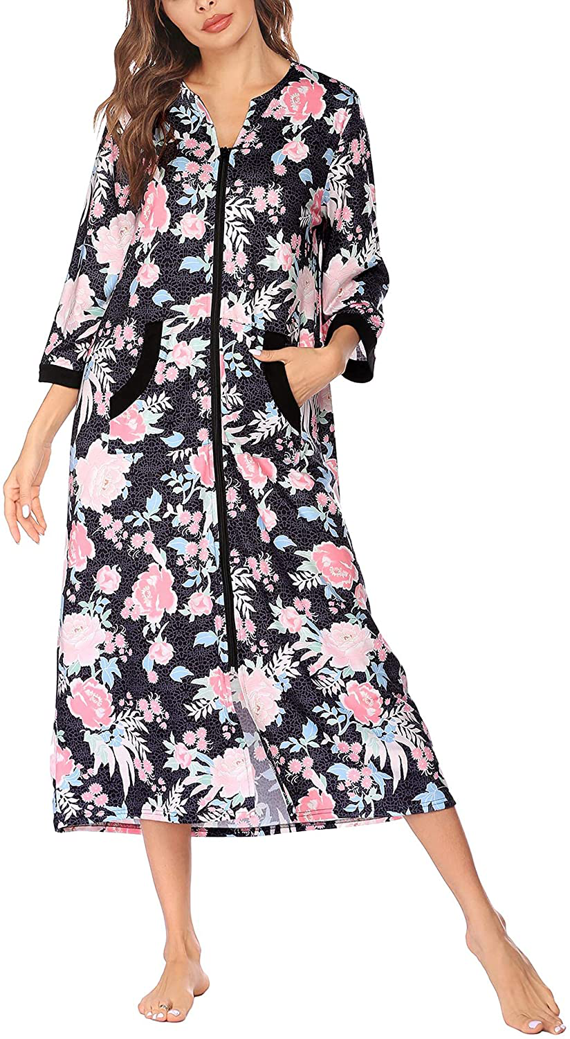 Ekouaer Women Zipper Robe 3/4 Sleeves Loungewear Full Length Sleepwear Pockets Housecoat Long Soft Bathrobe Apparel & Accessories > Clothing > Sleepwear & Loungewear > Robes Ekouaer   