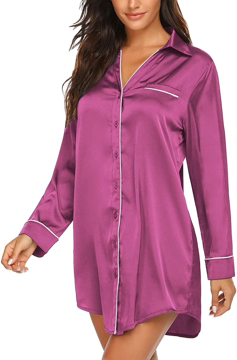 Ekouaer Women'S Long Sleeve Satin Sleepshirt Button down Nightgowns Silk Nightshirt Pajama Top Sleepwear S-XXL Apparel & Accessories > Clothing > Sleepwear & Loungewear > Nightgowns Kylie Max   