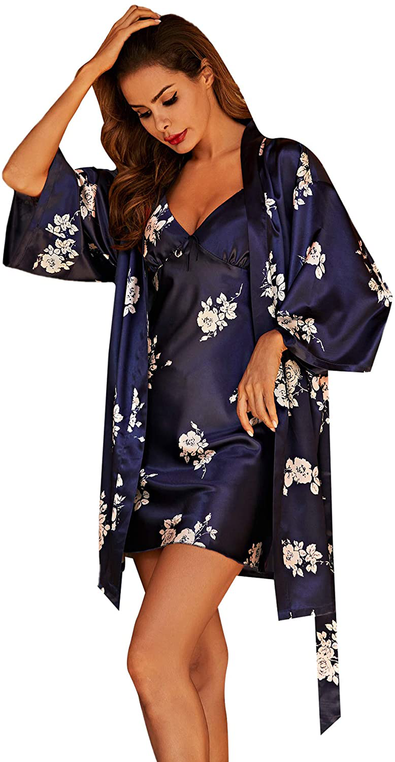 SOLY HUX Women'S Sleepwear 4Pcs Floral Print Satin Cami Pajama Set with Robe Apparel & Accessories > Clothing > Sleepwear & Loungewear Kylie Max   