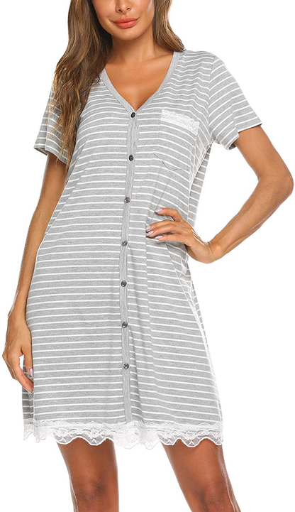 Ekouaer Women'S Nightgown Striped Tee Short Sleeve Cotton Sleep Nightshirt Button down Pajama Dress S-XXXL Apparel & Accessories > Clothing > Sleepwear & Loungewear > Nightgowns Kylie Max   