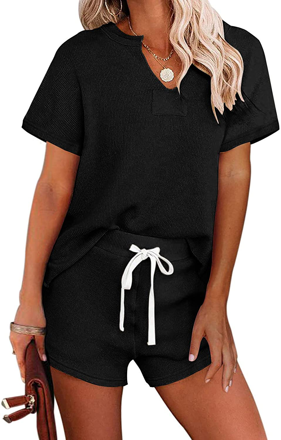 MEROKEETY Women's Long Sleeve Pajama Set Henley Knit Tops and Shorts Sleepwear Loungewear Apparel & Accessories > Clothing > Sleepwear & Loungewear > Pajamas MEROKEETY B-shortblack Medium 