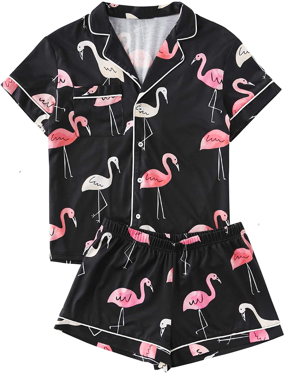 Floerns Women's Notch Collar Palm Leaf Print Sleepwear Two Piece Pajama Set Apparel & Accessories > Clothing > Sleepwear & Loungewear > Pajamas Floerns Flamingo Multi Medium 
