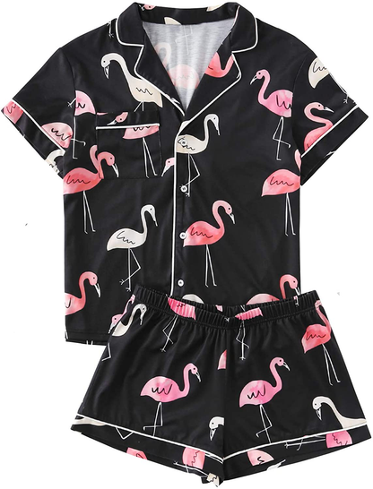 Floerns Women's Notch Collar Palm Leaf Print Sleepwear Two Piece Pajama Set Apparel & Accessories > Clothing > Sleepwear & Loungewear > Pajamas Floerns Flamingo Multi Medium 
