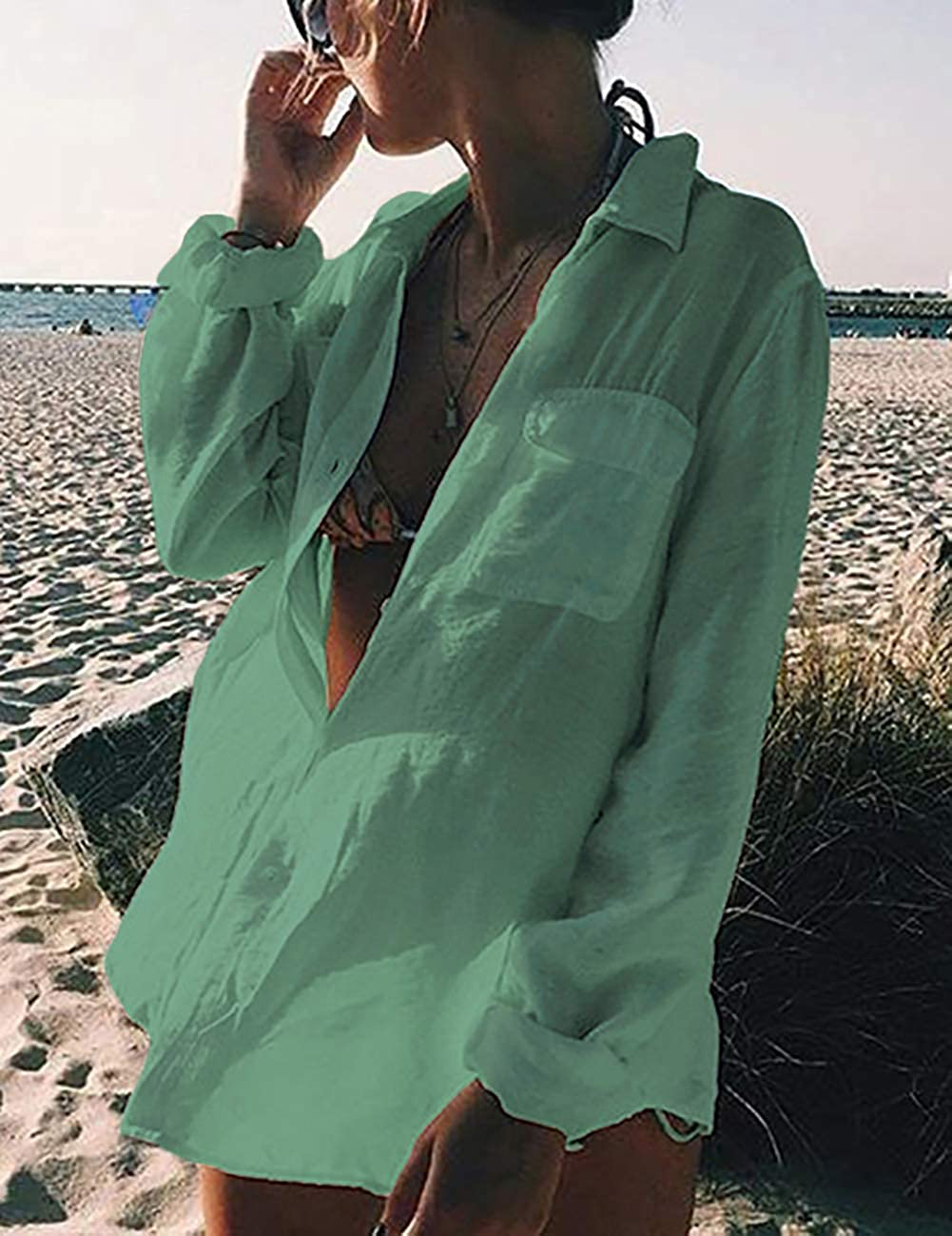 Bsubseach Women Long Sleeve Beach Shirt Blouses Turn down Collar Bathing Suit Cover Ups Apparel & Accessories > Clothing > Swimwear Kylie Max   