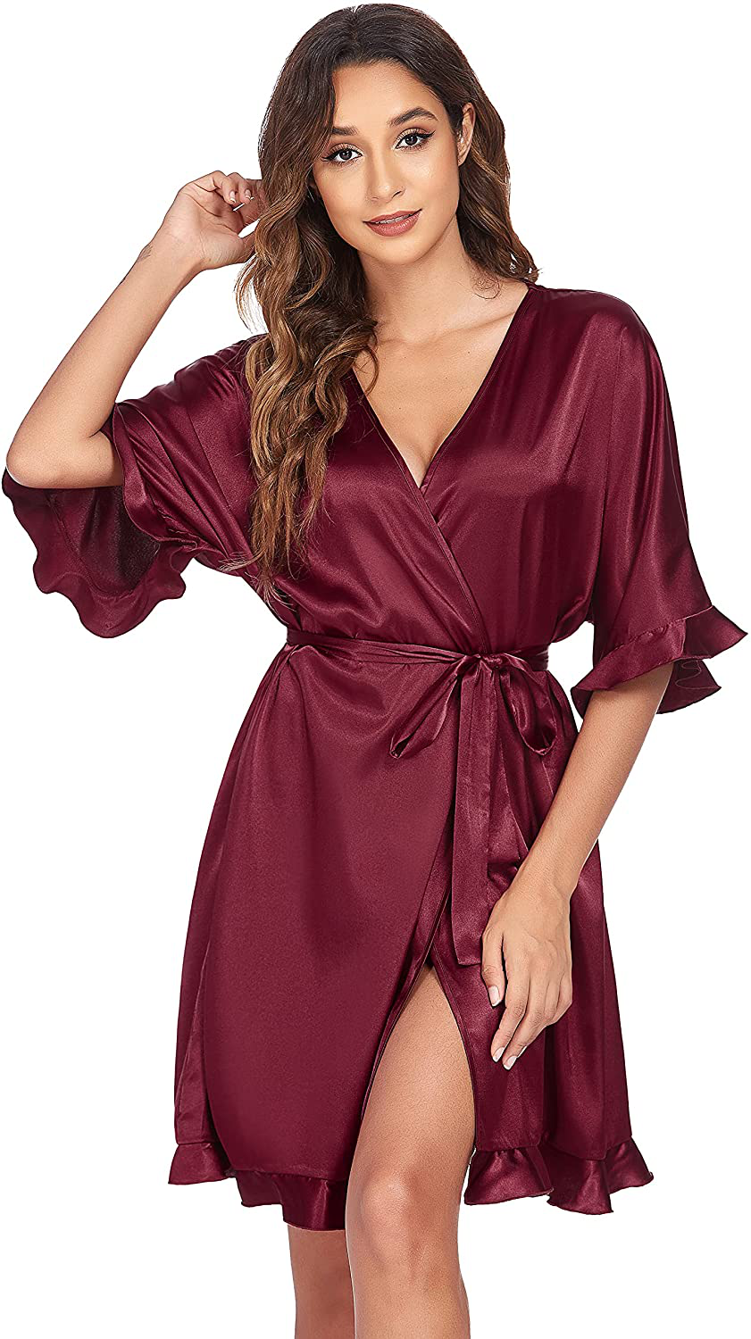 Ekouaer Women Satin Robe Ruffle Hem Kimono Short Robe V-Neck Pure Color Bridesmaid Wedding Party Dressing Gown Sleepwear Apparel & Accessories > Clothing > Sleepwear & Loungewear > Robes Ekouaer Wine Red Small 
