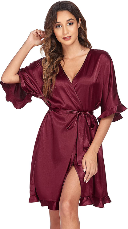 Ekouaer Women Satin Robe Ruffle Hem Kimono Short Robe V-Neck Pure Color Bridesmaid Wedding Party Dressing Gown Sleepwear Apparel & Accessories > Clothing > Sleepwear & Loungewear > Robes Ekouaer Wine Red Small 