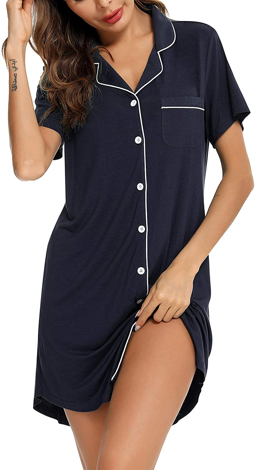 Samring Nightgown for Women Sleep Shirt Short Long Sleeve Sleepwear Boyfriend Nightshirt Button down Pajama Dress S-XXL Apparel & Accessories > Clothing > Sleepwear & Loungewear > Nightgowns Kylie Max   