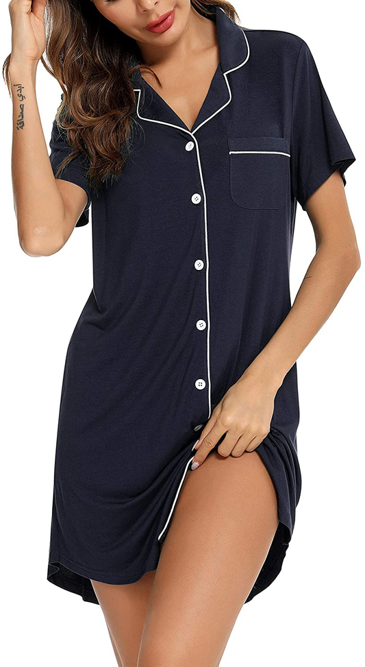 Samring Nightgown for Women Sleep Shirt Short Long Sleeve Sleepwear Boyfriend Nightshirt Button down Pajama Dress S-XXL Apparel & Accessories > Clothing > Sleepwear & Loungewear > Nightgowns Kylie Max   