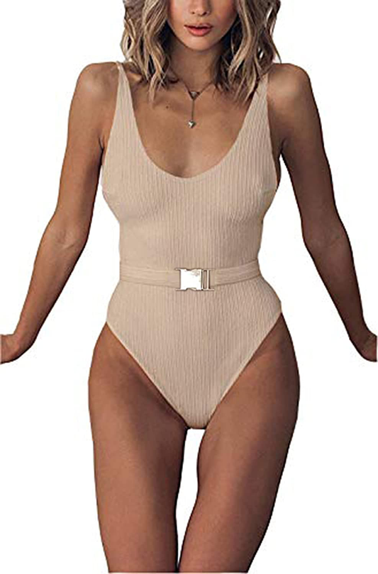 FEIYOUNG Sexy Womens Monokini Scoop Neck One Piece Backless Cheeky Swimwear Semi Thong Bikini with Belt Apparel & Accessories > Clothing > Swimwear Kylie Max   