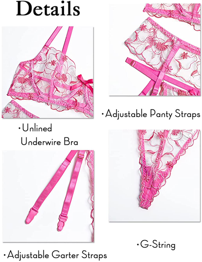 Kaei&Shi Floral Embroidered, Underwire, Cutout Back, G-String, Garter Belt Lingerie for Women Apparel & Accessories > Clothing > Underwear & Socks > Lingerie Kaei&Shi   