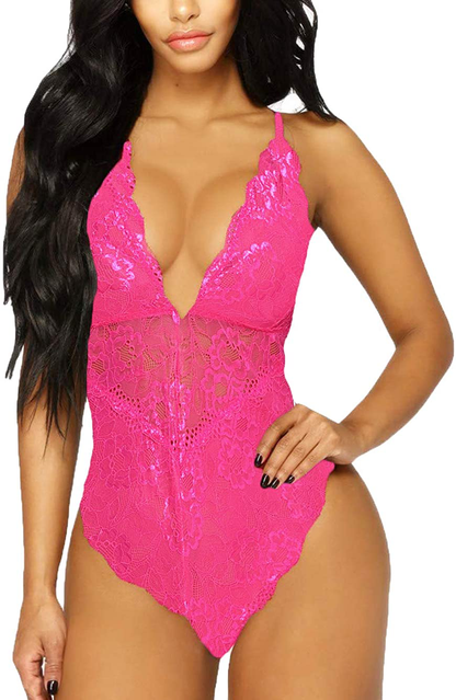 Kaei&Shi V-Neck See Through Lingerie Floral Lace Babydoll Sexy Lingerie for Women One Piece Bodysuit Apparel & Accessories > Clothing > Underwear & Socks > Lingerie Kaei&Shi Rose X-Large 
