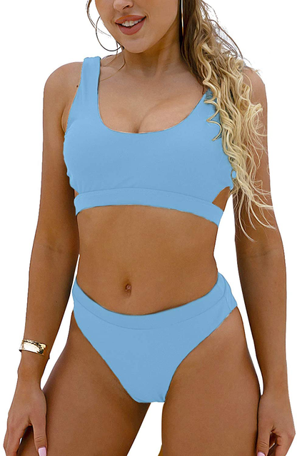 Blooming Jelly Women's High Waisted Swimsuit Crop Top Cut Out Two Piece Cheeky High Rise Bathing Suit Bikini Apparel & Accessories > Clothing > Swimwear Blooming Jelly Sky Blue Large 