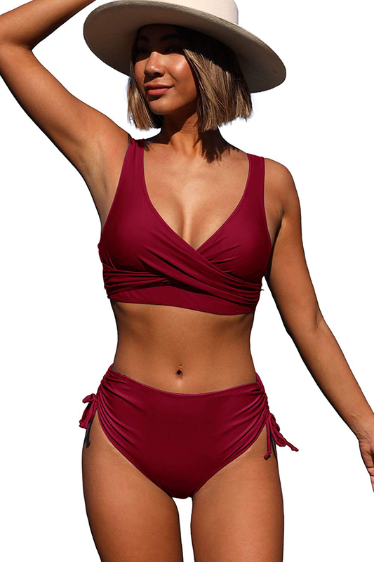 Beachsissi High Waisted Bikini Twist Front Tie Back 2 Piece Swimsuit Solid Color Apparel & Accessories > Clothing > Swimwear Beachsissi Wine Large 
