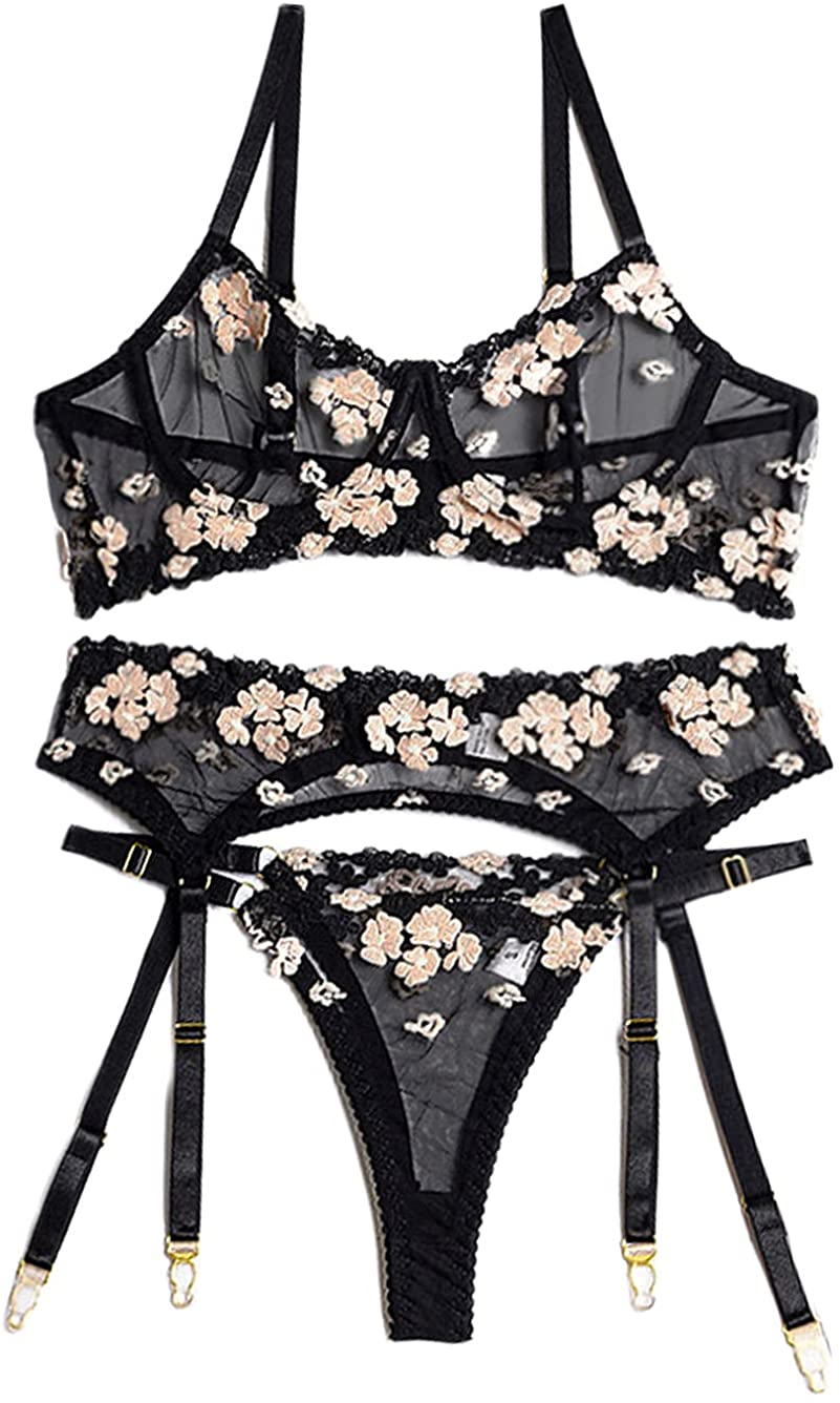 Kaei&Shi Embroidered Applique Lace Lingerie,Underwire Mesh Sheer Honeymoon Matching 3 Piece Lingerie Set Apparel & Accessories > Clothing > Underwear & Socks > Lingerie Kaei&Shi Black 2-4 