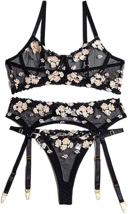 Kaei&Shi Embroidered Applique Lace Lingerie,Underwire Mesh Sheer Honeymoon Matching 3 Piece Lingerie Set Apparel & Accessories > Clothing > Underwear & Socks > Lingerie Kaei&Shi Black 2-4 
