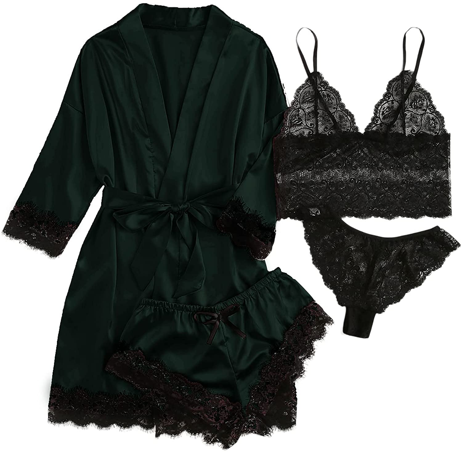 WDIRARA Women'S 4 Pieces Satin Floral Lace Cami Top Lingerie Pajama Set with Robe Apparel & Accessories > Clothing > Underwear & Socks > Lingerie WDIRARA Dark Green Black Large 