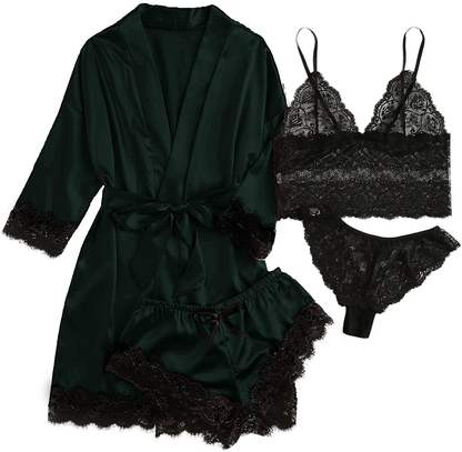 WDIRARA Women'S 4 Pieces Satin Floral Lace Cami Top Lingerie Pajama Set with Robe Apparel & Accessories > Clothing > Underwear & Socks > Lingerie WDIRARA Dark Green Black Large 