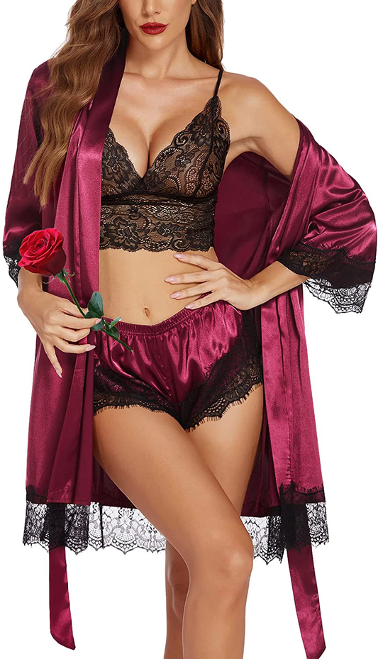 Ekouaer Sleepwear for Women Satin Pajama 3 Piece Lingerie Lace Cami Pj Set Sexy V Neck Robe with 3/4 Sleeve Apparel & Accessories > Clothing > Sleepwear & Loungewear Kylie Max   