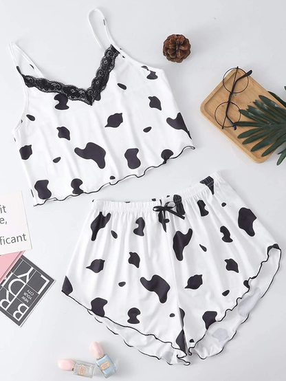 Shein Women'S Cow Print Sleepwear Lace Frill Trim Crop Cami Top and Shorts Pajama Set Apparel & Accessories > Clothing > Sleepwear & Loungewear Kylie Max   