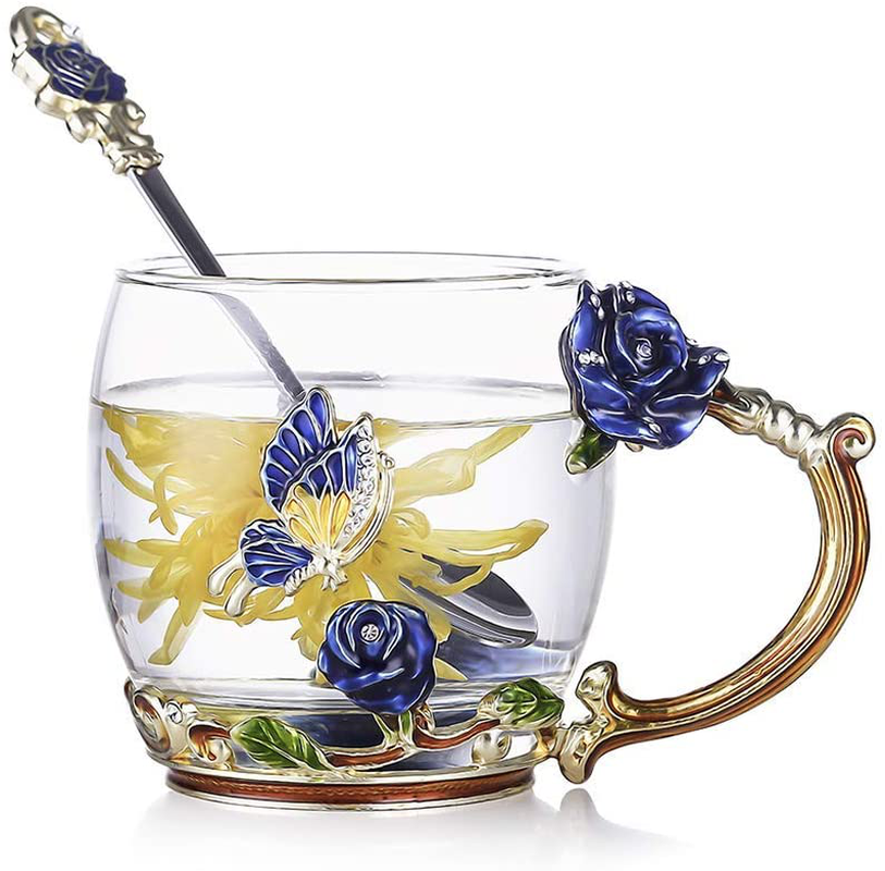 Luka Tech Enamels Butterfly flower Lead-free Glass Coffee Mugs Tea Cup with Steel Spoon, Best Birthday Gifts For Women Wife Mom Friends Mothers Valentines Day Christmas (Purple-Tall) Arts & Entertainment > Party & Celebration > Gift Giving Luka Tech Blue  
