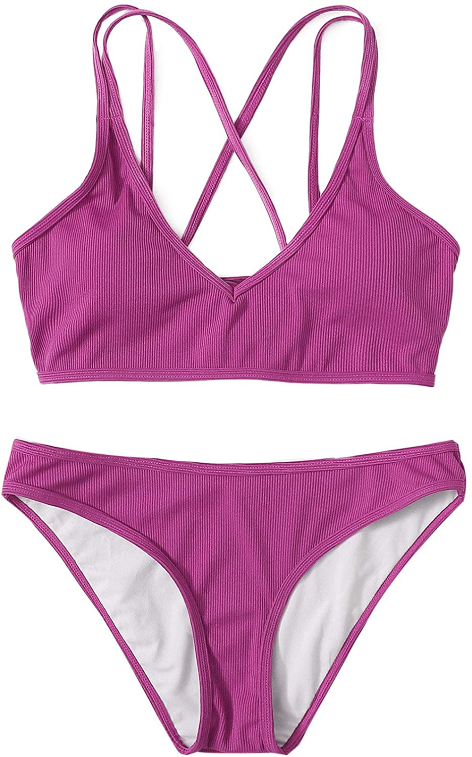 SweatyRocks Women's Bathing Suits Spaghetti Strap Criss Cross Back Bikini Ribbed Swimsuit Apparel & Accessories > Clothing > Swimwear SweatyRocks Purple Large 