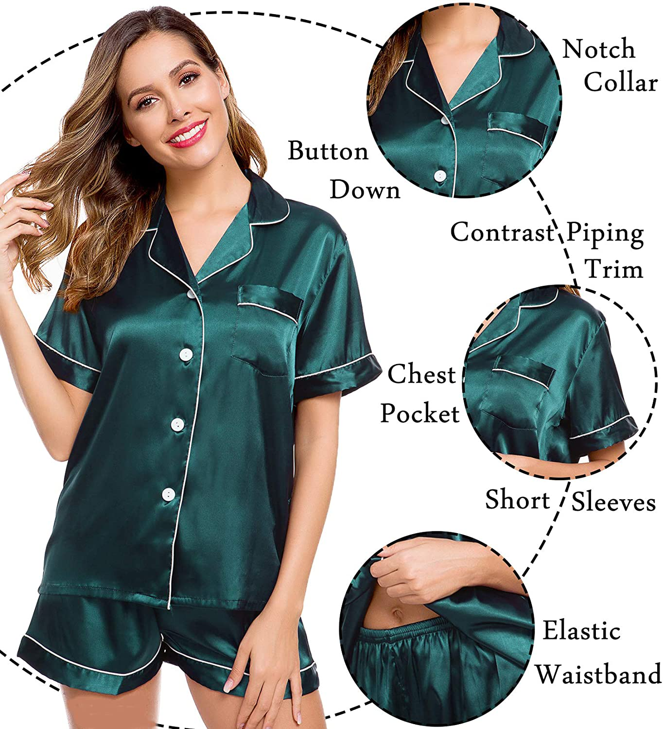 Lecgee Womens Silk Satin Pajamas Short Sleeve Loungewear Two-Piece Sleepwear Button-Down Pj Set Apparel & Accessories > Clothing > Sleepwear & Loungewear > Pajamas Kylie Max   