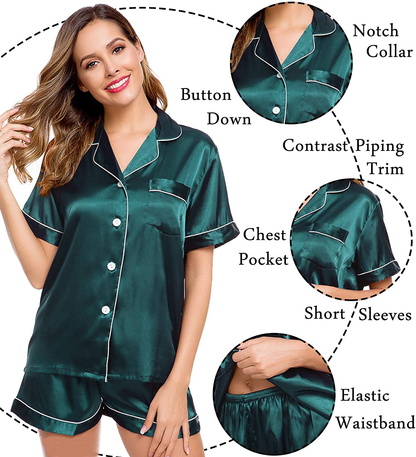Lecgee Womens Silk Satin Pajamas Short Sleeve Loungewear Two-Piece Sleepwear Button-Down Pj Set Apparel & Accessories > Clothing > Sleepwear & Loungewear > Pajamas Kylie Max   