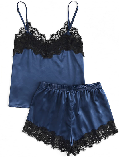 Makemechic Women'S Lace Satin Sleepwear Cami Top and Shorts Pajama Set Apparel & Accessories > Clothing > Sleepwear & Loungewear Kylie Max   