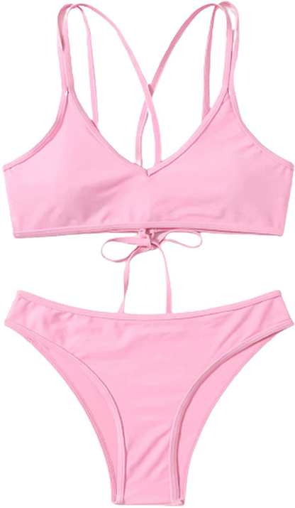 SweatyRocks Women's Bathing Suits Spaghetti Strap Criss Cross Back Bikini Ribbed Swimsuit Apparel & Accessories > Clothing > Swimwear SweatyRocks Solid Pink Small 