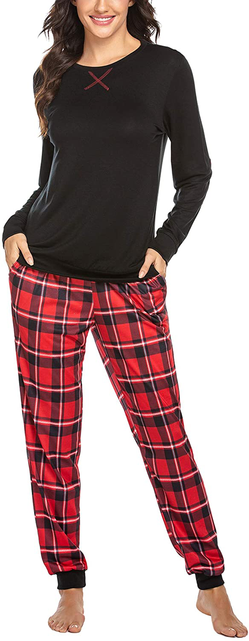 Ekouaer Women's Pajamas Sets Long Sleeve with Plaid Pants Soft Sleepwear O Neck 2 Piece Pjs Joggers Loung Set with Pockets Apparel & Accessories > Clothing > Sleepwear & Loungewear > Pajamas Ekouaer Pat4 Small 