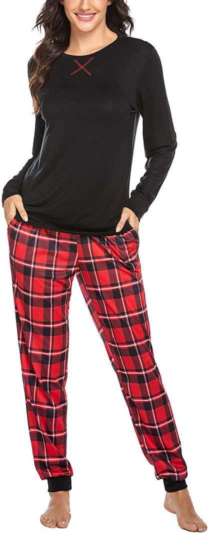 Ekouaer Women's Pajamas Sets Long Sleeve with Plaid Pants Soft Sleepwear O Neck 2 Piece Pjs Joggers Loung Set with Pockets Apparel & Accessories > Clothing > Sleepwear & Loungewear > Pajamas Ekouaer Pat4 Small 