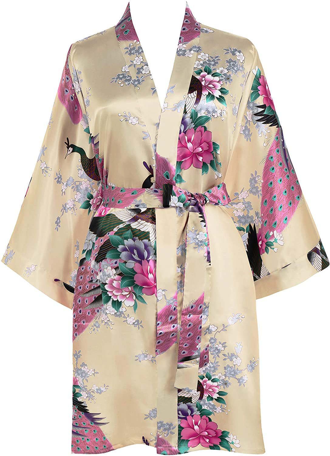 BABEYOND Short Kimono Robe Blouse Peacock Printed Kimono Cover up Loose Cardigen Apparel & Accessories > Clothing > Sleepwear & Loungewear > Robes KYLIE MAX Champagne  