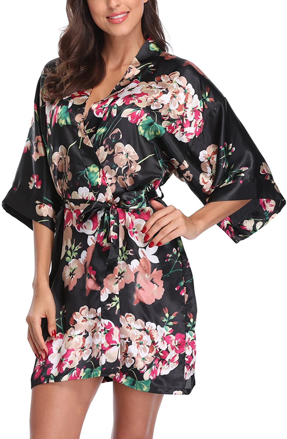 Season Dressing Women Floral Robes Bridesmaids Short Satin Kimono Sleepwear for Wedding Party Apparel & Accessories > Clothing > Sleepwear & Loungewear > Robes season dressing Blossom Black Small 