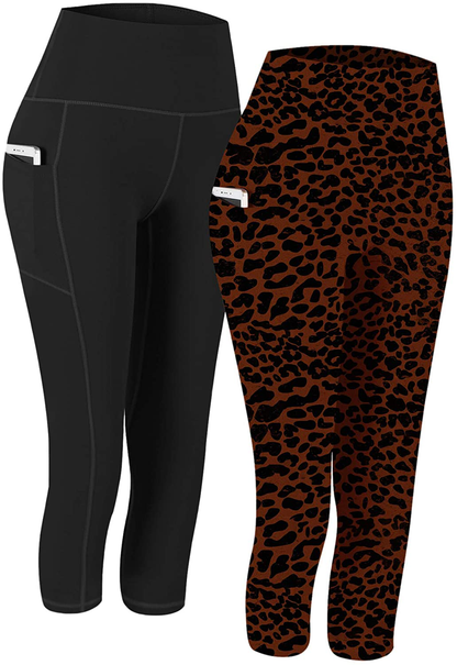Fengbay 2 Pack High Waist Yoga Pants, Pocket Yoga Pants Tummy Control Workout Running 4 Way Stretch Yoga Leggings Apparel & Accessories > Clothing > Activewear Fengbay Capris Black & Deep Yellow Leopard Medium 