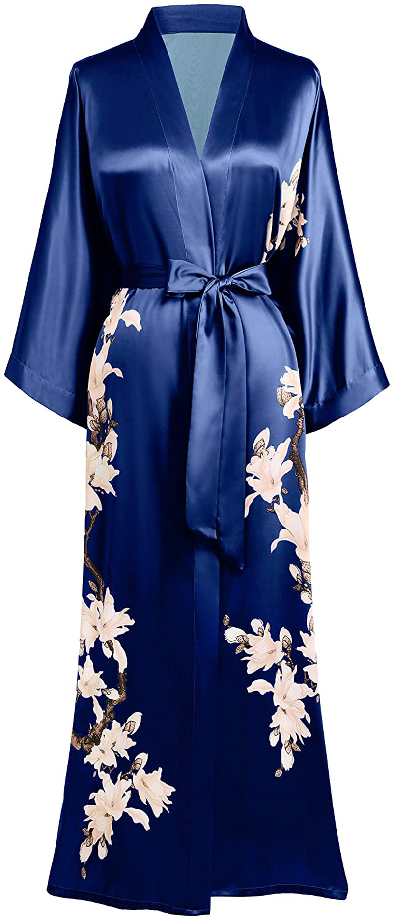 BABEYOND Kimono Robe Cover up Long Floral Satin Sleepwear Silky Bathrobe Bachelorette Robe Apparel & Accessories > Clothing > Sleepwear & Loungewear > Robes KYLIE MAX Navy Blue  